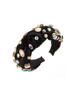 Assorted Glass Gems Embellished Knitting Flannel Women Headband - Black