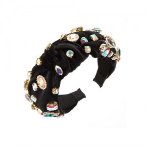 Assorted Glass Gems Embellished Knitting Flannel Women Headband - Black