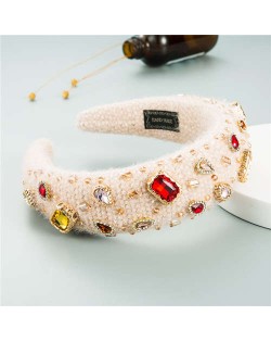 Assorted Glass Gems Embellished Knitting Flannel Women Headband - Beige