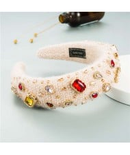 Assorted Glass Gems Embellished Knitting Flannel Women Headband - Beige