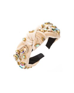 Assorted Glass Gems Embellished Knitting Flannel Women Headband - Beige
