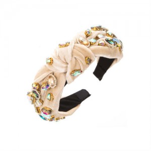 Assorted Glass Gems Embellished Knitting Flannel Women Headband - Beige