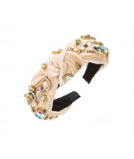 Assorted Glass Gems Embellished Knitting Flannel Women Headband - Beige