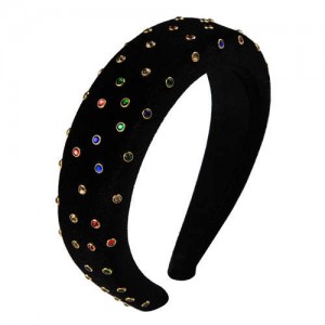 Multicolor Gems Embellished Flannel High Fashion Women Headband - Black