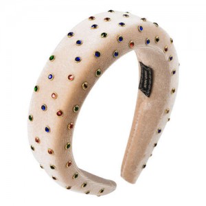 Multicolor Gems Embellished Flannel High Fashion Women Headband - Beige