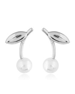 Korean Fashion Leaves Design Pearl Women Stud Earrings - Silver