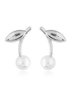 Korean Fashion Leaves Design Pearl Women Stud Earrings - Silver