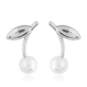 Korean Fashion Leaves Design Pearl Women Stud Earrings - Silver