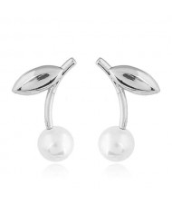 Korean Fashion Leaves Design Pearl Women Stud Earrings - Silver