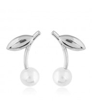 Korean Fashion Leaves Design Pearl Women Stud Earrings - Silver