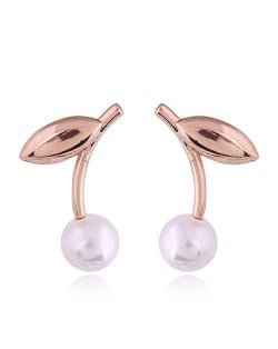 Korean Fashion Leaves Design Pearl Women Stud Earrings - Golden