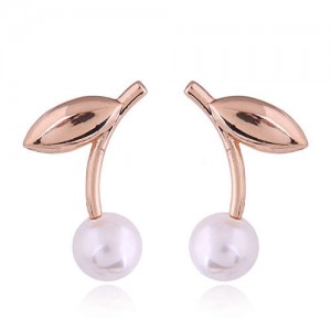 Korean Fashion Leaves Design Pearl Women Stud Earrings - Golden
