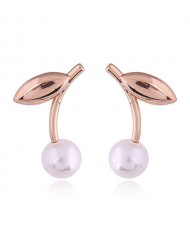 Korean Fashion Leaves Design Pearl Women Stud Earrings - Golden