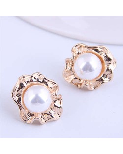 Pearl Inlaid Korean Style Golden Flower Design Women Stud Earrings