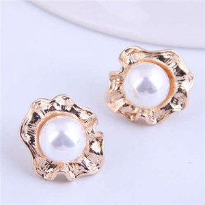 Pearl Inlaid Korean Style Golden Flower Design Women Stud Earrings