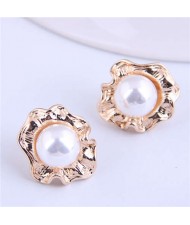 Pearl Inlaid Korean Style Golden Flower Design Women Stud Earrings