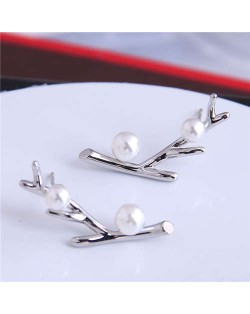 Pearl Embellished Twig Design Korean Fashion Women Stud Earrings - Silver