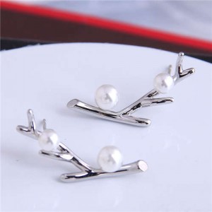 Pearl Embellished Twig Design Korean Fashion Women Stud Earrings - Silver