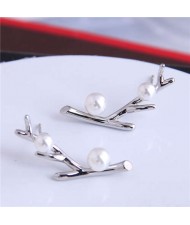 Pearl Embellished Twig Design Korean Fashion Women Stud Earrings - Silver