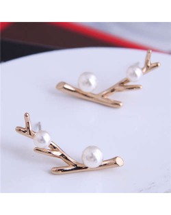 Pearl Embellished Twig Design Korean Fashion Women Stud Earrings - Golden