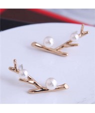 Pearl Embellished Twig Design Korean Fashion Women Stud Earrings - Golden