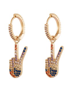 Victory Hand Gesture Multicolor Cubic Zirconia U.S. High Fashion Women Clip Earrings