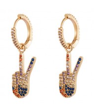 Victory Hand Gesture Multicolor Cubic Zirconia U.S. High Fashion Women Clip Earrings