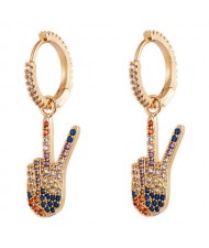 Victory Hand Gesture Multicolor Cubic Zirconia U.S. High Fashion Women Clip Earrings