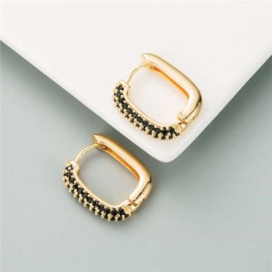 Cubic Zirconia Embellished 18K Gold Plated Hip Hop Fashion Square Hoop Earrings - Black
