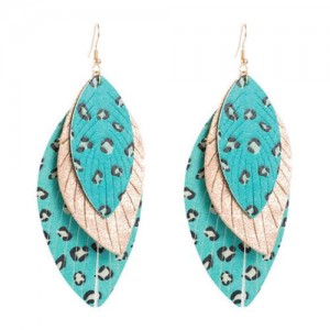 Multi-layer Leopard Prints Leaves Unique Design Bohemian Fashion Women Statement Earrings - Blue