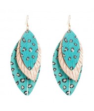 Multi-layer Leopard Prints Leaves Unique Design Bohemian Fashion Women Statement Earrings - Blue