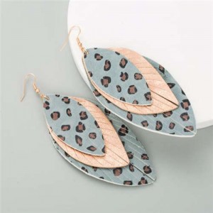 Multi-layer Leopard Prints Leaves Unique Design Bohemian Fashion Women Statement Earrings - Gray