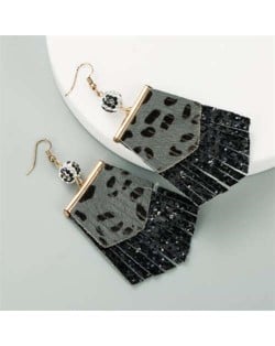 Leopard Prints PU Geometric Design Tassel Fashion Shining Women Earrings - Black
