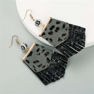 Leopard Prints PU Geometric Design Tassel Fashion Shining Women Earrings - Black