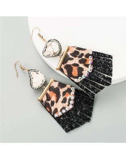 Rhinestone Embellished Natural Stone Inlaid Geometric Leather Texture Design Tassel Women Earrings - Black