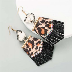 Rhinestone Embellished Natural Stone Inlaid Geometric Leather Texture Design Tassel Women Earrings - Black