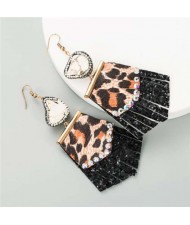 Rhinestone Embellished Natural Stone Inlaid Geometric Leather Texture Design Tassel Women Earrings - Black