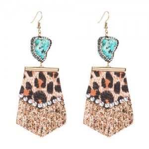 Rhinestone Embellished Natural Stone Inlaid Geometric Leather Texture Design Tassel Women Earrings - Golden