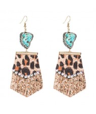 Rhinestone Embellished Natural Stone Inlaid Geometric Leather Texture Design Tassel Women Earrings - Golden