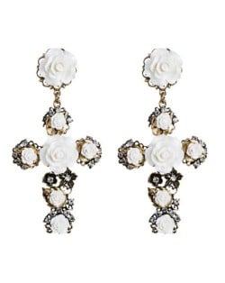 Roses Embellished Baroque Cross U.S. Fashion Women Statement Earrings - White