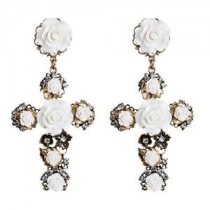 Roses Embellished Baroque Cross U.S. Fashion Women Statement Earrings - White