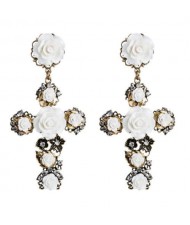 Roses Embellished Baroque Cross U.S. Fashion Women Statement Earrings - White