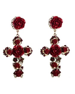 Roses Embellished Baroque Cross U.S. Fashion Women Statement Earrings - Red