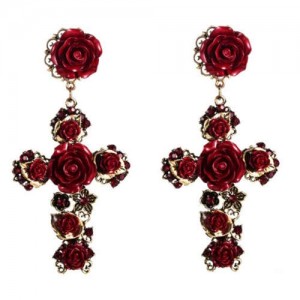 Roses Embellished Baroque Cross U.S. Fashion Women Statement Earrings - Red