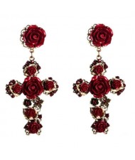 Roses Embellished Baroque Cross U.S. Fashion Women Statement Earrings - Red