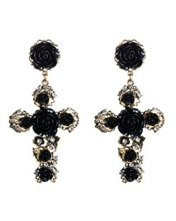 Roses Embellished Baroque Cross U.S. Fashion Women Statement Earrings - Black