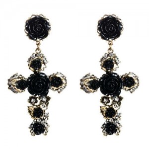 Roses Embellished Baroque Cross U.S. Fashion Women Statement Earrings - Black
