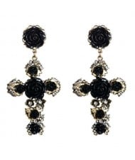 Roses Embellished Baroque Cross U.S. Fashion Women Statement Earrings - Black