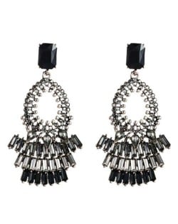 Rhinestone Embellished Bold Bohemian Fashion Hoop Tassel Women Earrings - Black