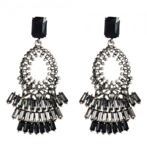 Rhinestone Embellished Bold Bohemian Fashion Hoop Tassel Women Earrings - Black